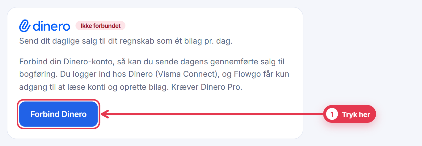 Integrationer i Flowgo med knappen Forbind Dinero fremhævet med en pil